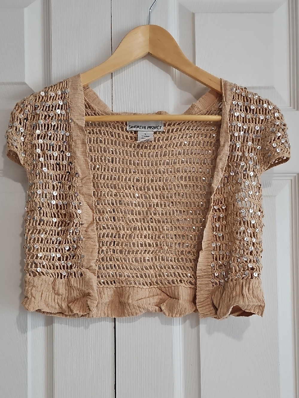 ✨ Sweater Project Sequin Crochet Bolero Cardigan | Beige Open Knit | Size L